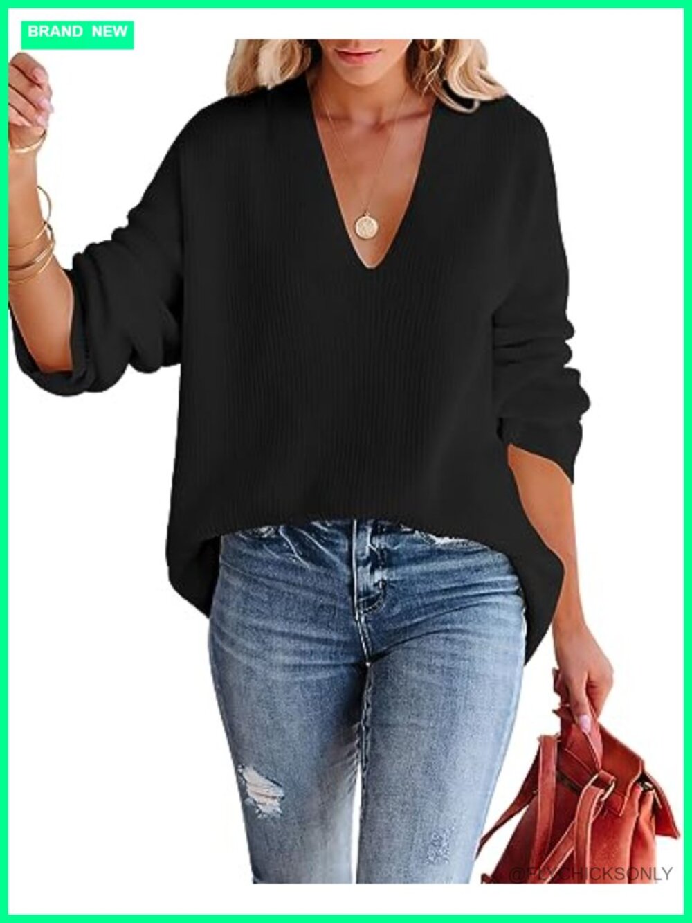 Oversized Deep V Neck Waffle Knit Tunic Sweater Long Sleeve Pullover